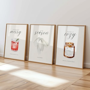 Christmas Wall Art Set of 3 Prints, Coquette Tis the Season, Cozy Holiday Decor, Modern Christmas Printables, Eat Drink Be Merry Cocktail
