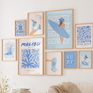 Western Coastal Cowgirl Printable Art, Set of 9 Prints, Cowboy Surf Decor, Retro Light Blue Gallery Wall, Preppy Beachy Dorm Room Aesthetic