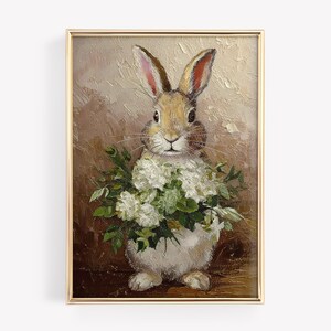Impression vintage Lapin avec fleurs : Art de pépinière de Pâques de printemps (téléchargement numérique)