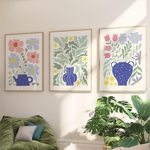 Juego de 3 impresiones del mercado de flores, jarrón azul con plantas en maceta, arte botánico, descarga digital, decoración escandinava para el hogar, juego de galería de pared para decoración del hogar.