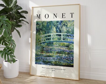 Arte mural de Monet / Impresión de puente japonés / Decoración de jardín botánico / Paisaje de nenúfares