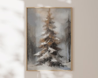 Vintage Snowy Christmas Tree Print: Winter Forest Oil Painting (Digital Download)