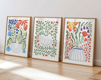 モダンな植物画3枚セット、ギャラリーウォール、額入り花柄アート、カラフルなリビングルームのミニマルな装飾、スカンジナビアの花市場ポスター