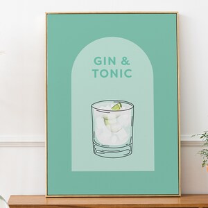 Impresión de cóctel de gin tonic, póster de cóctel, impresiones para carrito de bar, decoración de bar, impresiones de arte mural de cócteles, letrero retro de cóctel, descarga digital