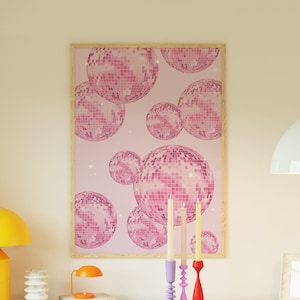 Preppy Pink Disco Ball Print, plakat do wystroju pokoju w stylu retro, sztuka ścienna Disco Bachelorette Bar Cart, maksymalistyczna dekoracja sypialni w akademiku, dziewczęca sztuka ścienna