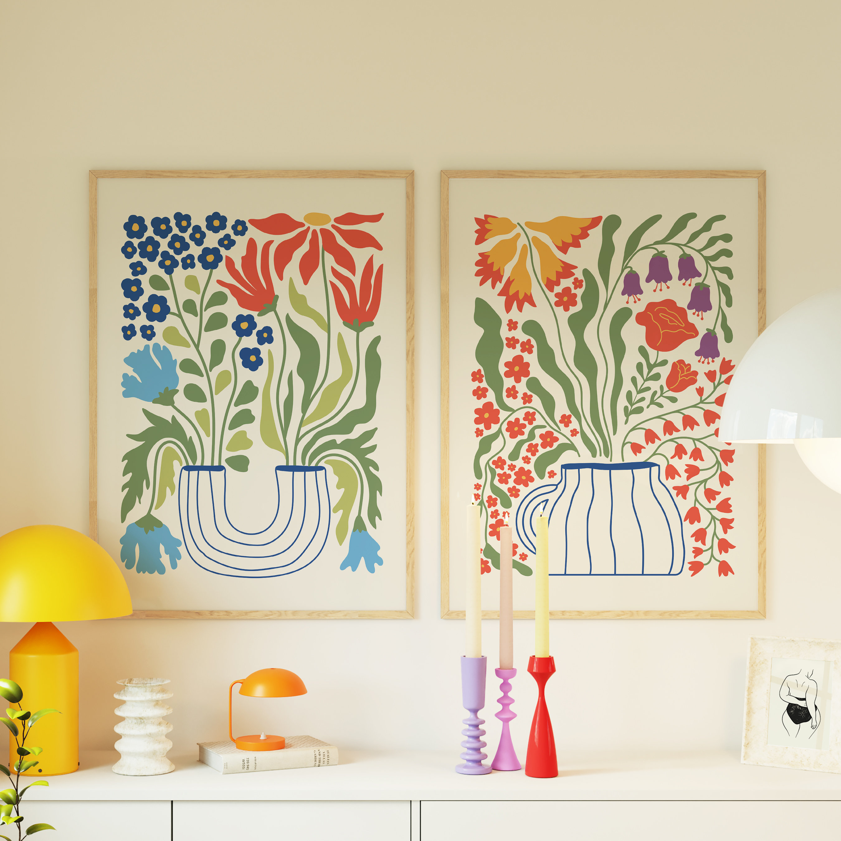 Potted Plant Prints Set of 2, Colorful Floral Botanical Art, Digital Download, Scandinavian Home Decor, Gallery Wall Flower Market Posters