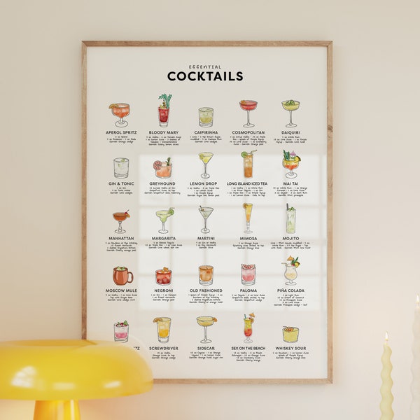 Classic Cocktails Print, Bar Cart Decor Alcohol Gift, Cocktail Poster Recipe Guide, Printable Wall Art, Instant Download, DIGITAL DOWNLOAD