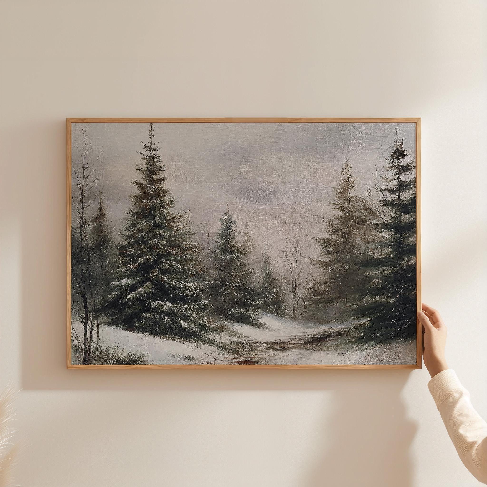 Vintage Winter Pine Forest Print: Snowy Christmas Landscape Painting - Etsy