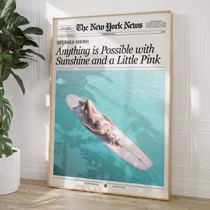 Pink Surf Zeitungsdruck, Inspirierende Blaue Wandkunst Magazin Cover Kunst, Adrette Küstenästhetik Trendige Zeitung, digitaler Download