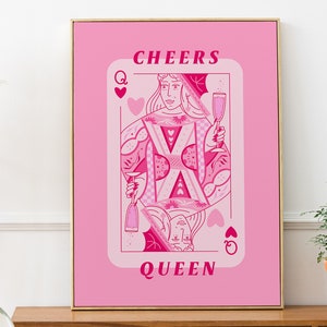 Pink Queen of Hearts Playing Card Cocktail Print Poster, Digital Download, Trendy Bar Cart Decor, Preppy Dorm Decor, Funky Girly Wall Art