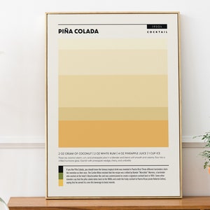 Impresión de cóctel de piña colada, decoración de carrito de bar, póster imprimible de arte mural, guía de recetas de cócteles para la cocina, póster de cócteles, descarga digital