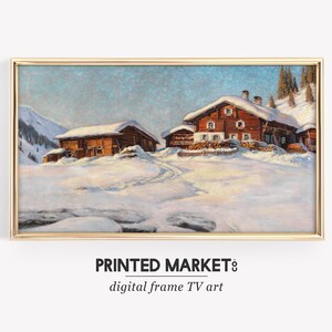 Log Cabin Winter Frame TV Art, Christmas Samsung Frame TV Art, Vintage Snowy Landscape Painting, Farmhouse Holiday Decor, DIGITAL Download