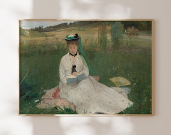 Vintage Woman Reading Art Print: Green Garden Painting, Farmhouse Decor (Digital Download)
