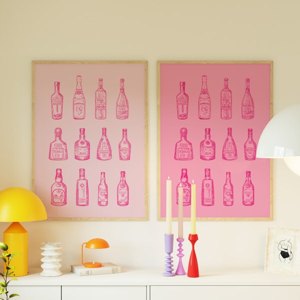 Preppy Pink Alcohol Prints Set of 2, Bar Cart Decor, Printable Wall Art, Trendy Dorm Room, Y2K Aesthetic, Girly Bar Art, Digital Download