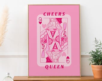 Pink Queen of Hearts Cocktail Art Print: Trendy Bar Cart Decor (Digital Download)