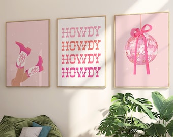 Pink Disco Ball Cowgirl Print Set of 3, Coquette Bow, Preppy Wall Art, Western Dorm Room Decor, Howdy Poster, Cowboy Boots, Digital Download