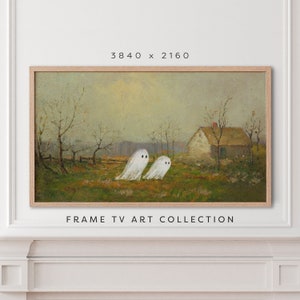 Samsung Frame TV Ghost Vintage Landscape, Sztuka jesiennego telewizora, Sztuka halloweenowego telewizora, Jesienne upiorne malowanie sztuki do pobrania, Wystrój domku wiejskiego