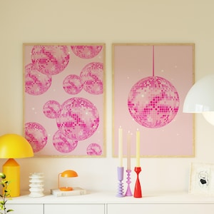 Hot Pink Wall Art Disco Ball Print Set of 2, Preppy Trendy Printable Art, Disco Bar Cart, Girly Dorm Room Decor, Digital Download Poster