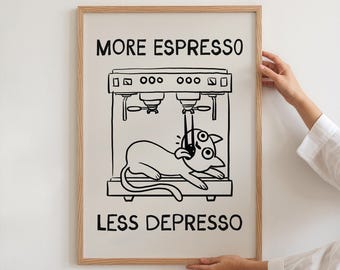 Zabawny wydruk z kawą i kotem: Sztuka w kawiarni (pobieranie cyfrowe)