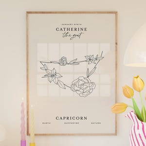 Gepersonaliseerde astrologie sterrenbeeld print, aangepaste sterrenbeeld print, geboortemaand bloem botanische poster, decor meisje slaapkamer, digitale kunst aan de muur