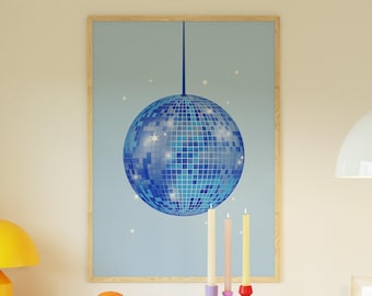 Blue Disco Ball Art Print: Retro Dorm Decor (Digital Download)