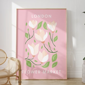London Poster Flower Market Print, Flower Art Prints, Botanical Wall art, Floral Wall Prints, Pink Travel Wall Print, Pastel Home Wall Decor