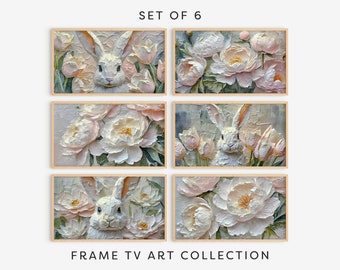 Bunny Frame TV Art Set of 6: Spring Cottagecore Rabbit Tulips Painting