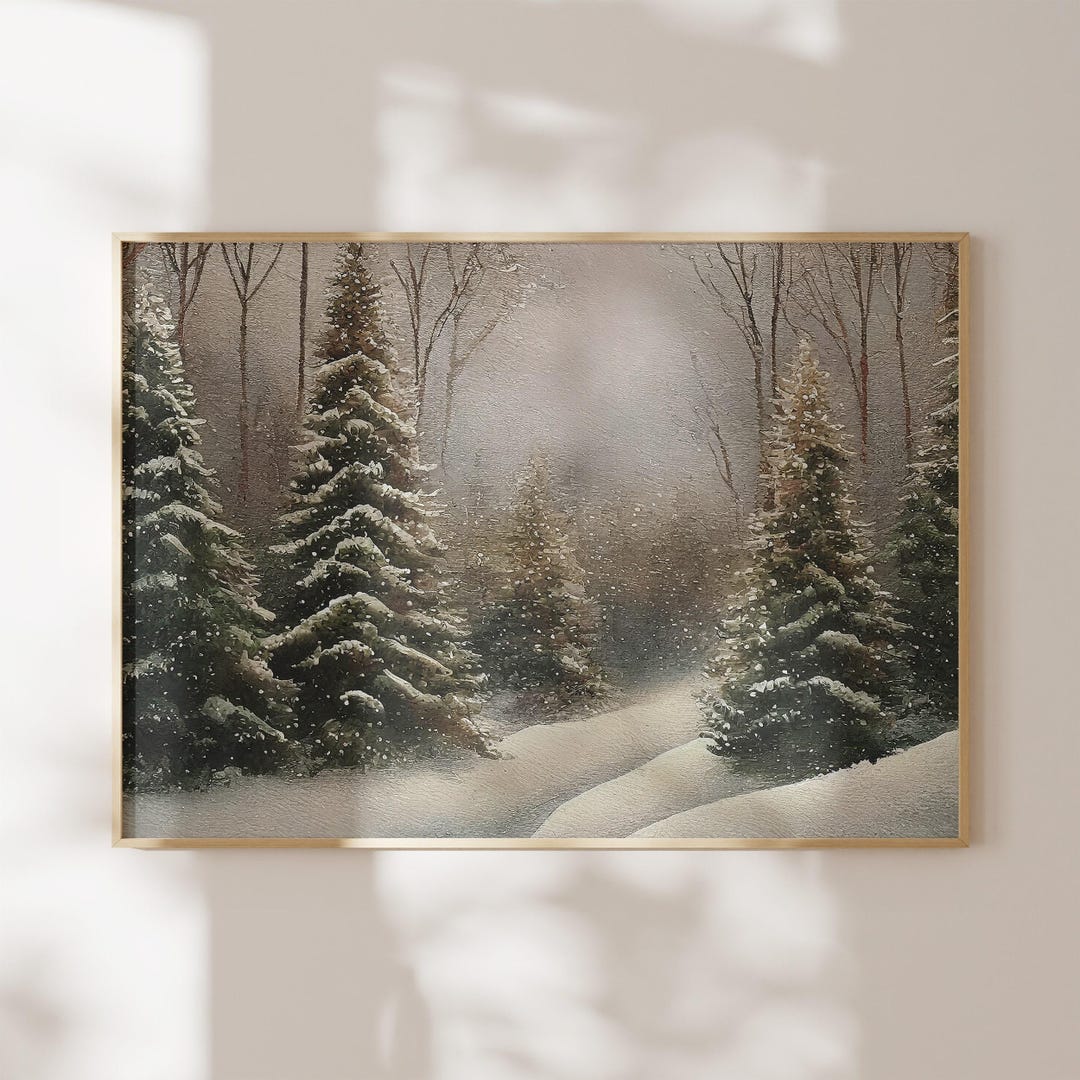 Winter Pine Forest Landscape Print: Vintage Christmas Tree Art (digital ...