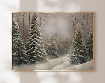 Winter Pine Forest Landscape Print: Vintage Christmas Tree Art (Digital Download)