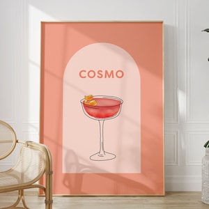 Impresión de cóctel cosmopolita, póster de cóctel cosmopolita, impresiones de carrito de bar, decoración de bar, impresiones de arte de pared de cóctel rosa, letrero de cóctel clásico retro