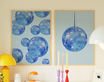 Blue Disco Ball Print Set: Preppy Dorm Room Decor (Digital Download)