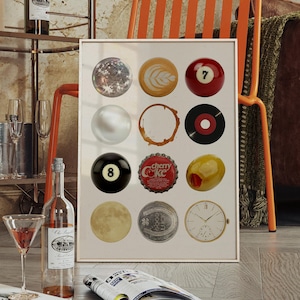 Vintage Retro Collage Print, Red Wall Art, Disco 8 Ball Pool Poster, Lucky You Printable, College Apartment Bar Cart, Trendy Dorm Room Decor