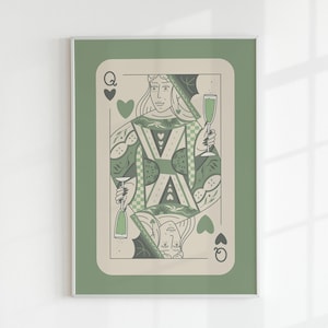 Salbei grüne Herzkönigin Spielkarte Poster, Cocktail Druck, Bar Warenkorb Dekor, druckbare Wandkunst, trendige Wohnheim Dekoration, DIY digitaler Download