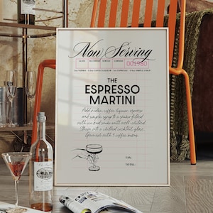 Impresión de cheque de invitado de Espresso Martini, póster de cóctel retro, decoración de bar, arte mural imprimible rosa preppy, estética moderna, descarga digital