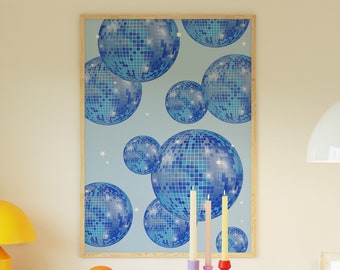 Navy Blue Disco Ball Print, Trendy Retro Wall Art, Girly Dorm Room Apartment Decor, Bar Cart Art, Maximalist Decor, Digital Download Poster