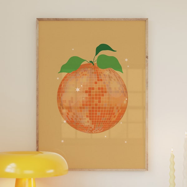 Orange Disco Ball Print, Printable Wall Art, Trendy Aesthetic Poster, Retro 70s Dorm Decor, Digital Download, Food Art Kitchen, Citrus Fruit