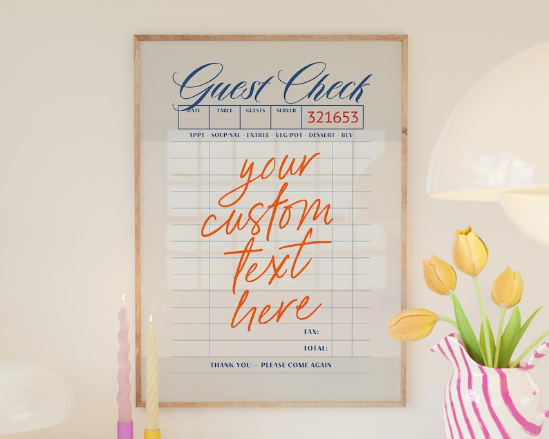 Trendy Guest Check Custom Print, Retro Girl Dinner, Printable Wall Art, Bar Cart Cocktail, Y2K Poster, Preppy Room Decor, Digital Poster image 1