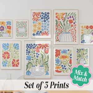 Set of 3 Scandinavian Floral Art Prints: Colorful Gallery Wall Decor