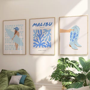 Surf Coastal Cowgirl Printable Art, Set of 3 Prints, Blue Howdy Poster, Western Beach Decor, Trendy Preppy Dorm Room, Flower Market Malibu