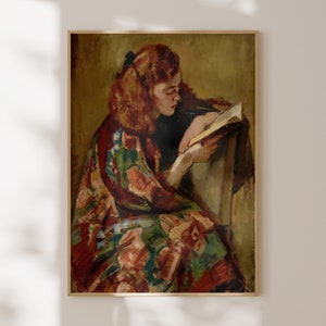 Eclectic Portrait of Woman Reading, Digital Print, Printable Wall Art, Neutral Muted Decor, Vintage Painting, Red Hair Woman, Antique Art