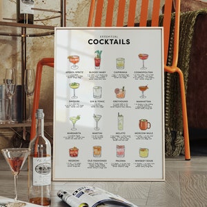 Classic Cocktails Print, Bar Cart Decor, Alcohol Poster, Trendy College Dorm Apartment Decor, Retro Wall Art, Alcohol Gift, Birthday Gift