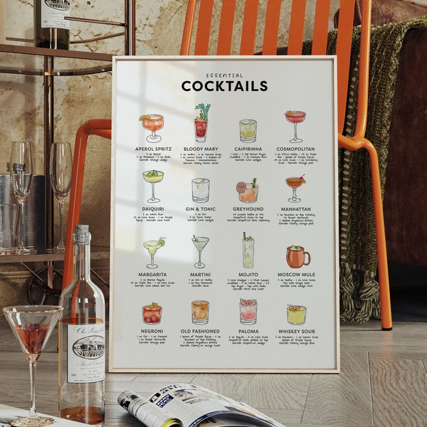 Classic Cocktails Print, Bar Cart Decor, Alcohol Poster, Trendy College Dorm Apartment Decor, Retro Wall Art, Alcohol Gift, Birthday Gift