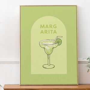 Impresión de cóctel margarita, póster de cóctel, impresiones para carritos de bar, decoración de carritos de bar, impresiones de arte mural verde, letrero de cóctel retro, descarga digital