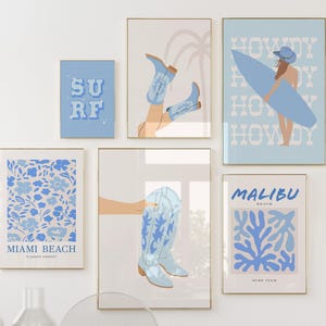Beachy Coastal Cowgirl Printable Art, Set of 6 Prints, Western Surf Decor, Retro Light Blue Gallery Wall, Trendy Preppy Dorm Room Aesthetic