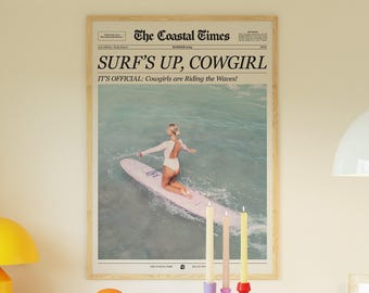 Coastal Cowgirl Newspaper Print: Pink Surf Poster (Digital Download)