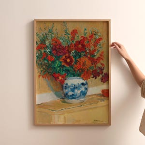 Vintage Chinoiserie Floral Print, Printable Wall Art, Still Life Painting, Red Flowers in Blue Delft Vase, Fall Farmhouse Decor, Digital Art