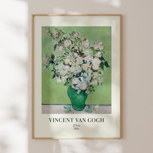 Impresión de Vincent Van Gogh, arte mural imprimible, pintura de rosas, impresión de jarrón de flores verdes, exhibición en galería, decoración ecléctica, descarga digital
