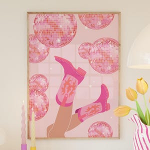 Póster de botas de vaquera y bola de discoteca, arte mural rosa y naranja, impresión del oeste, decoración para dormitorio universitario, arte de bar para despedidas de soltera, descarga digital