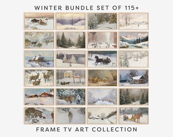 Könnte beinhalten: Eine Collage aus 18 gerahmten Winterlandschaftsgemälden. Die Gemälde zeigen verschneite Szenen mit Bäumen, Häusern und Tieren. Der Text "WINTER BUNDLE SET OF 115+" befindet sich oben im Bild, und der Text "FRAME TV ART COLLECTION" befindet sich unten.