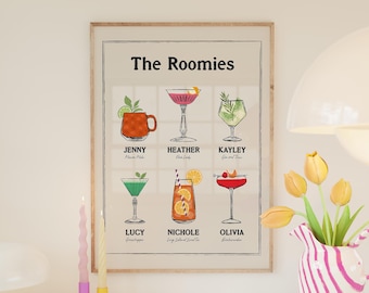 Custom Roommates as Drinks Print, Trendy College Apartment Decor, Dorm Room Wall Art, Cheers Bar Cart Cocktail Poster, Personalized Poster